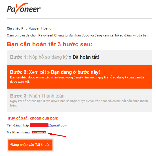 Email đăng ký tài khoản payoneer đã thành công