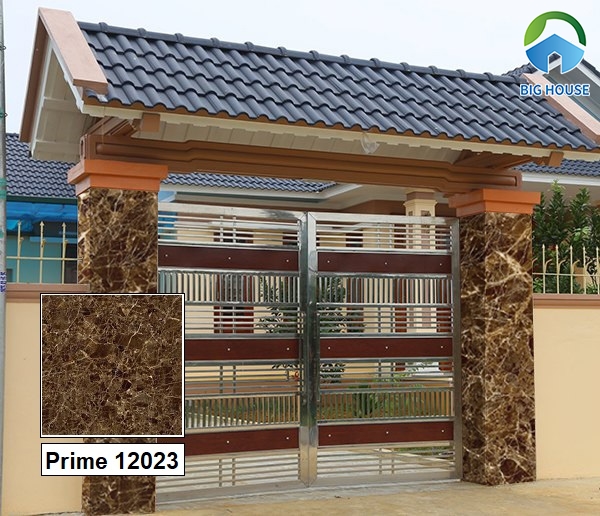 Tham khảo mẫu gạch Prime 12023 vân đá nâu kích thước 60x60 ốp trụ cổng nhà đẹp. Bề mặt nhẵn bóng rất thích hợp ốp tường ngoại thất.