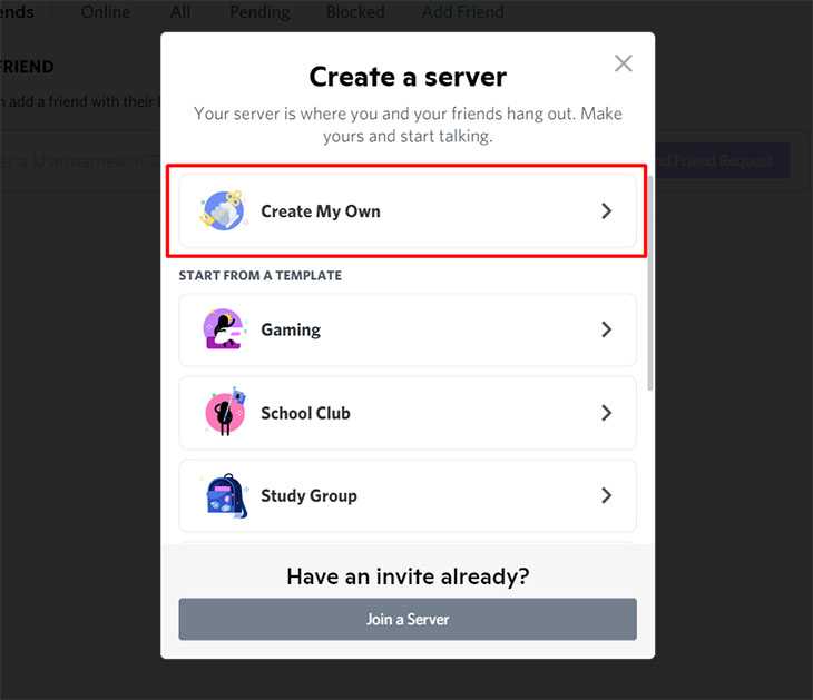 Để tạo server Discord, bạn chọn vào Create My Own