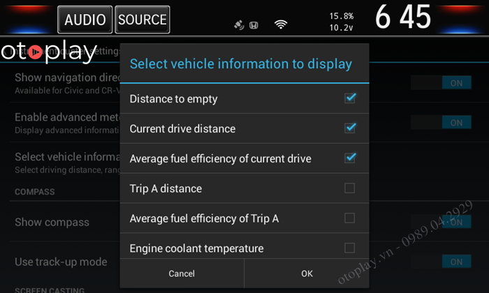 Lựa chọn hiển thị trên màn hình trung tâm Honda CRV
