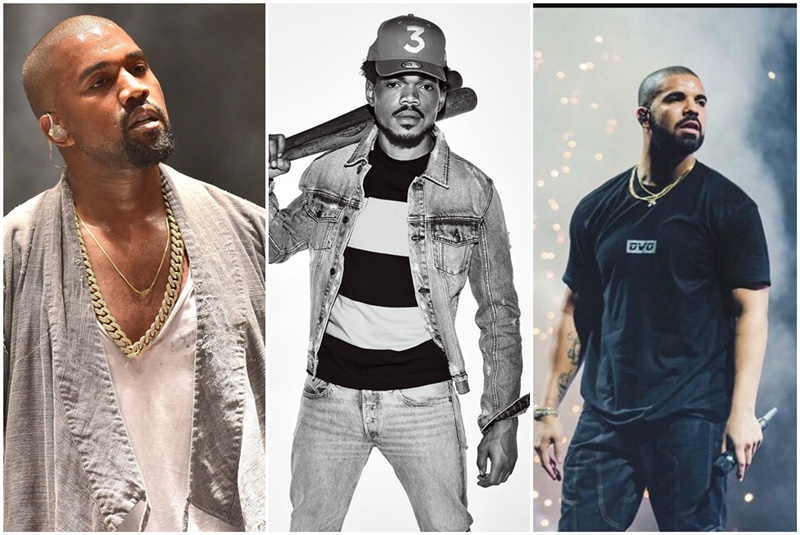 (Từ trái sáng): Kanye West, Chance The Rapper và Drake là những tên tuổi nổi bật của làng hiphop hiện nay.