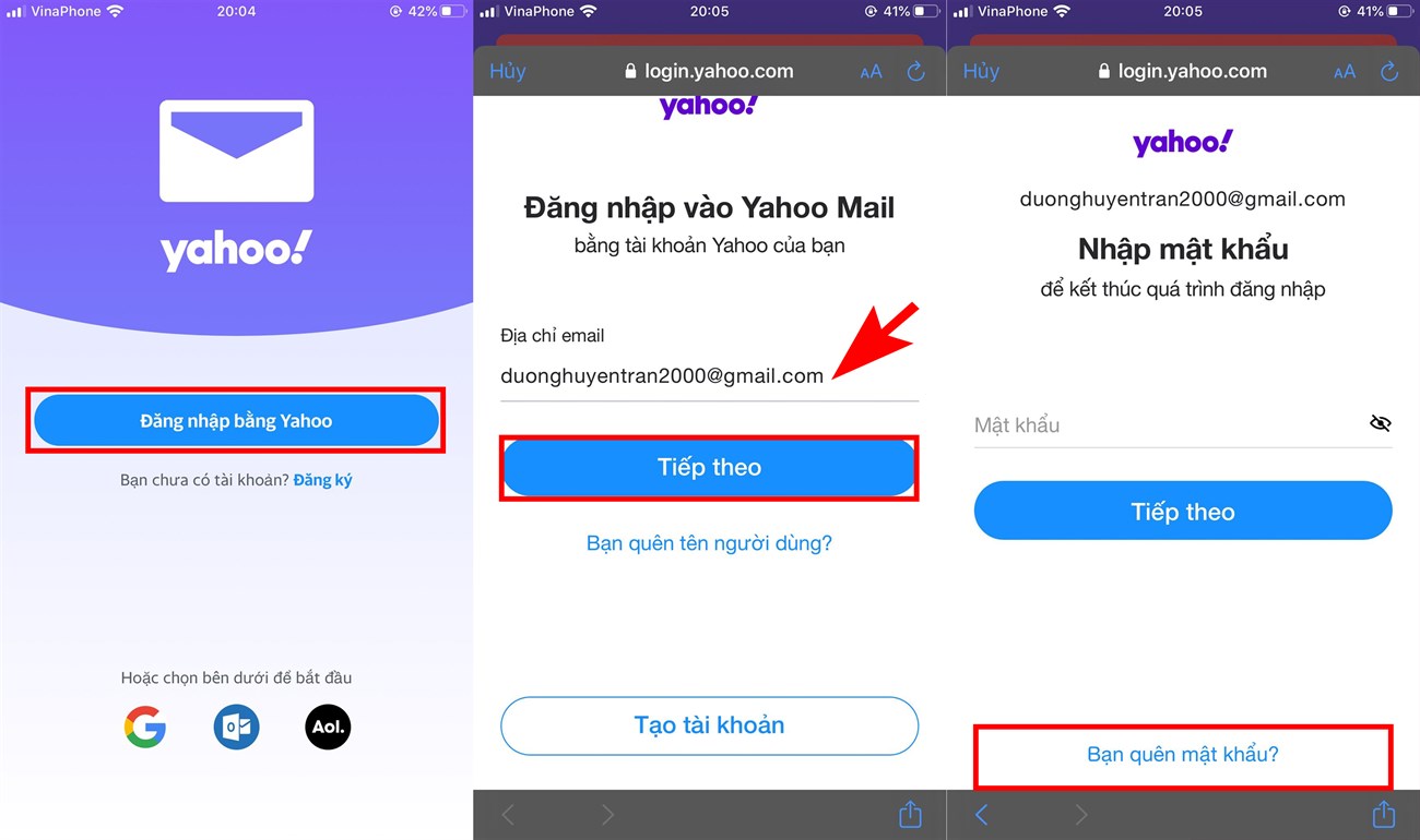 lấy lại tài khoản Yahoo trên điện thoại