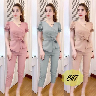 Set Bộ Nữ Công Sở Cột Nơ Tay Nhúng Quần Lửng Cực Kỳ Dễ Thương