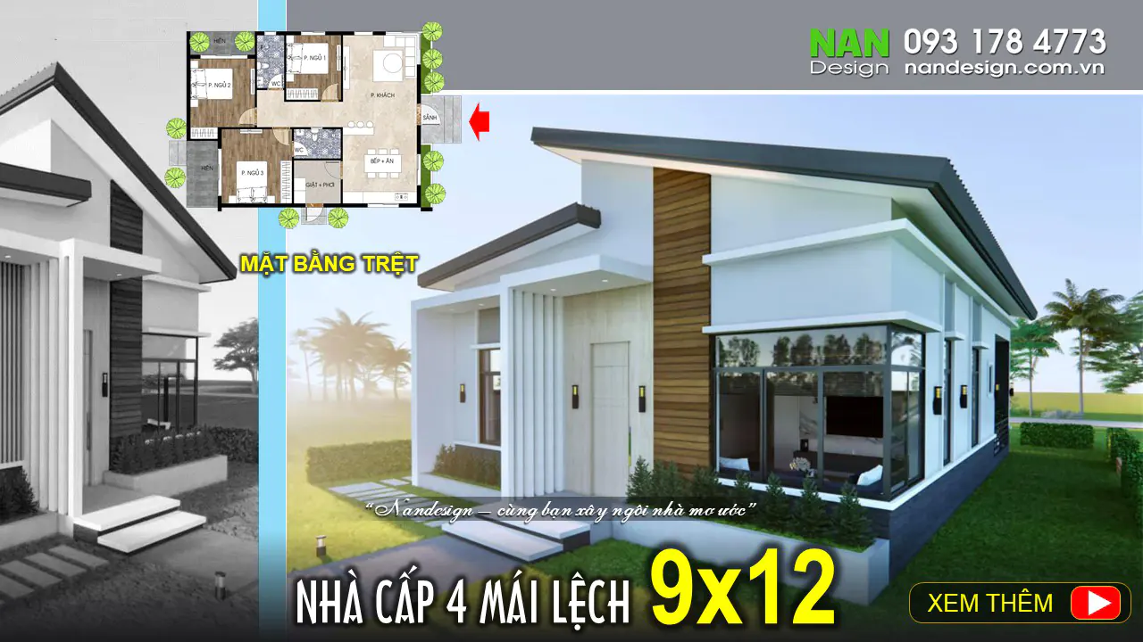 Thiết Kế Nhà Cấp 4 9x12m Mái Lệch Đẹp Với 3 Phòng Ngủ