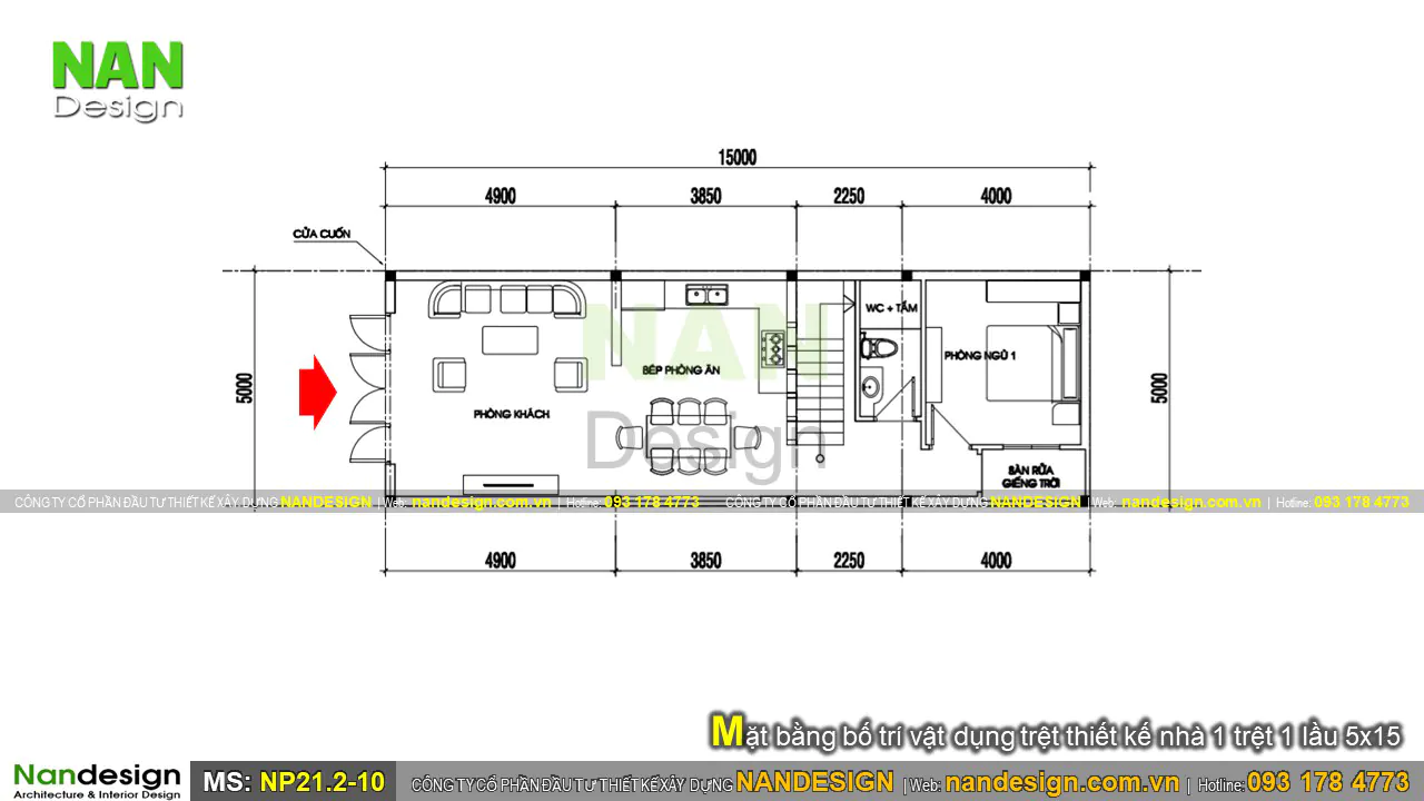 Mặt bằng bố trí vật dụng trệt thiết kế nhà 1 trệt 1 lầu 5x15