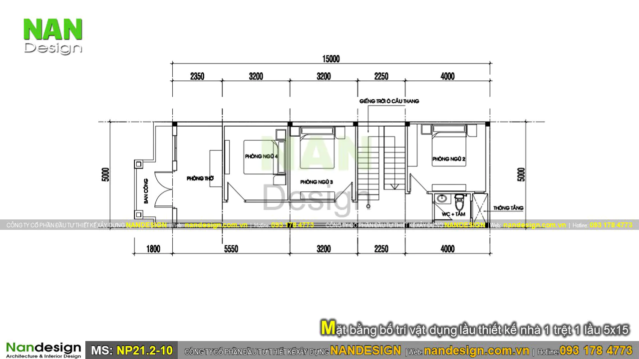 Mặt bằng bố trí vật dụng lầu thiết kế nhà 1 trệt 1 lầu 5x15