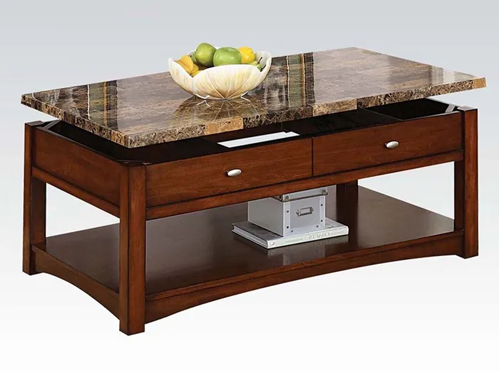 Mặt bàn làm từ đá cẩm thạch và bên dưới là hệ thống thanh nâng để thay đổi chiều cao bàn trong sử dụng