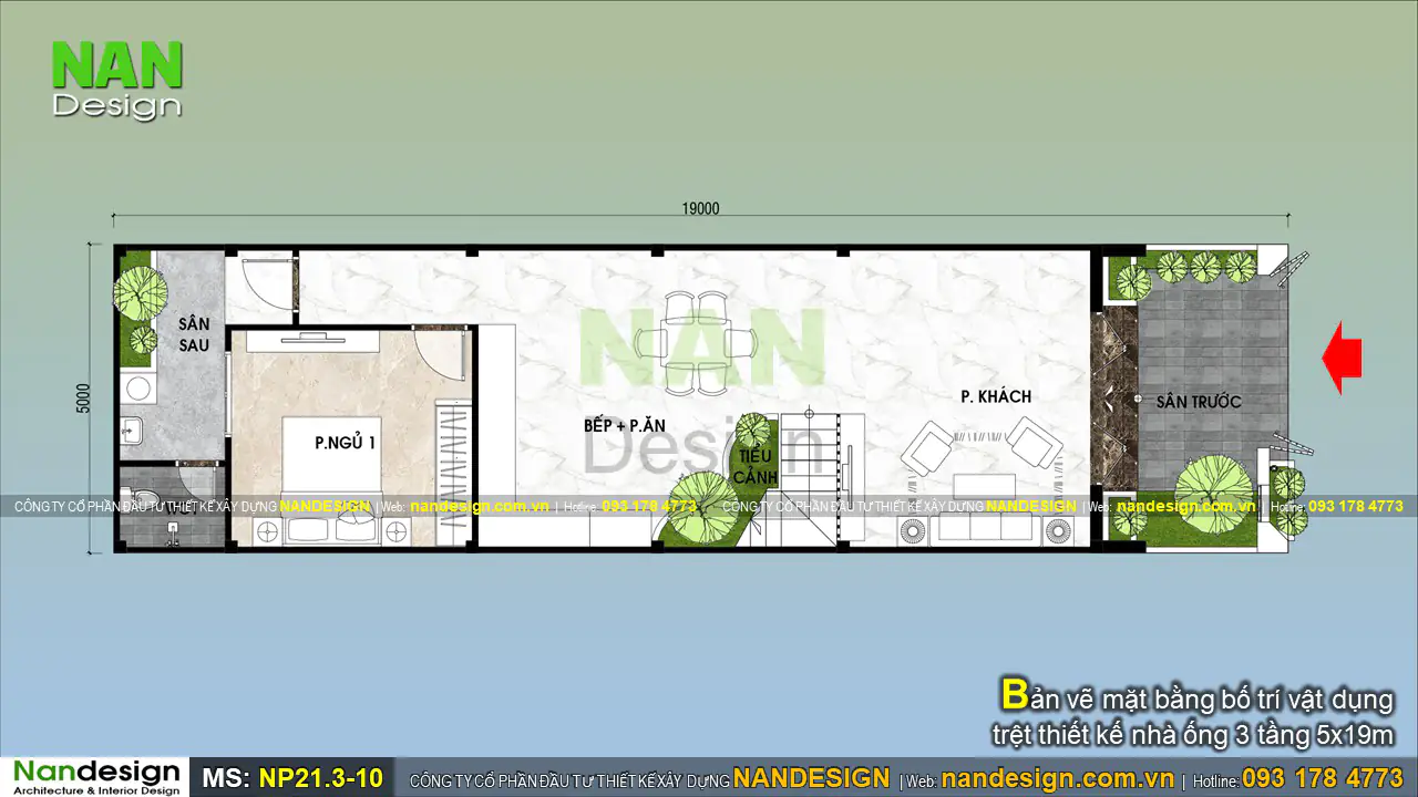 Bản vẽ mặt bằng bố trí vật dụng trệt thiết kế nhà ống 3 tầng 5x19m