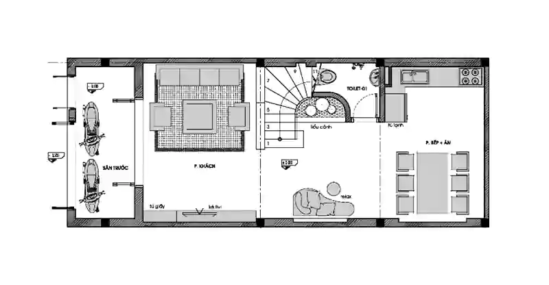 Bản vẽ thiết kế mặt bằng trệt mẫu nhà phố 3 tầng 5x13m