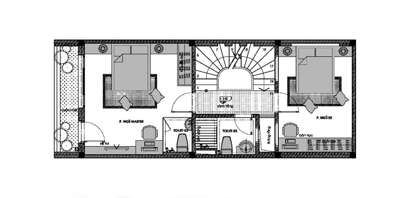 Bản vẽ thiết kế mặt bằng lầu 1 mẫu nhà phố 3 tầng 5x13m