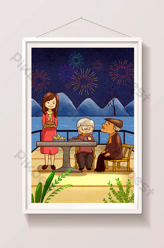 Ngày tết pháo hoa gia đình ông già con gái đồ ăn bảng gỗ vẽ tay minh họa Minh họa hình ảnh PSD