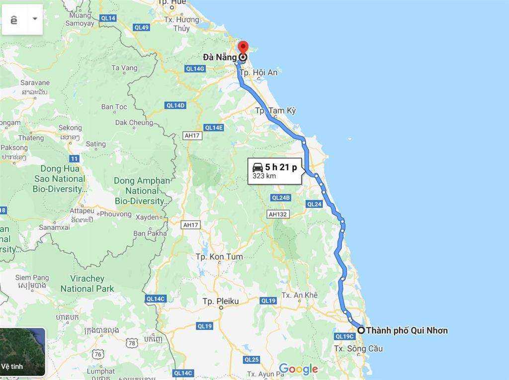 Khoảng cách từ Quy Nhơn tới Đà Nẵng trên Google Map