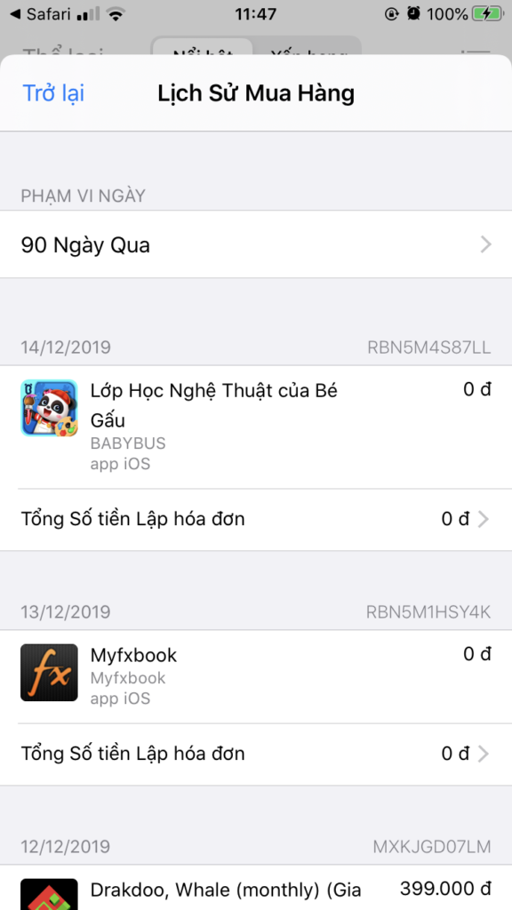 Hướng dẫn thanh toán trên App Store Việt Nam lịch su mua hang