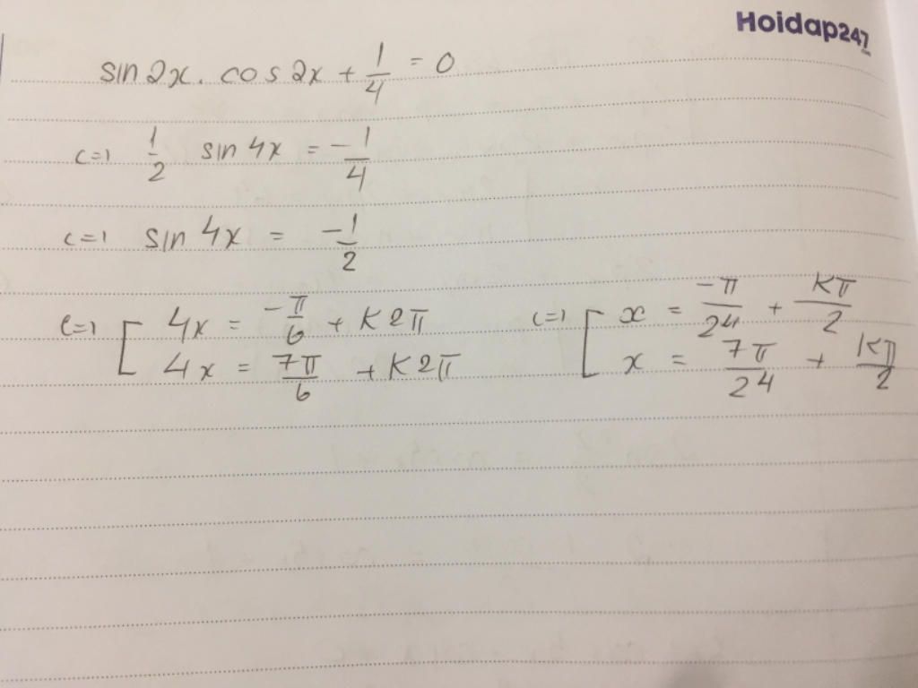 Giải các phương trình lượng giác Sin2x. Cos2x+1/4=0 câu hỏi ...