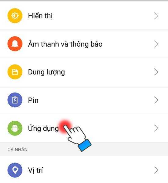 Chọn mục Ứng dụng trong phần Cài đặt