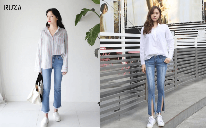 Mặc áo sơ mi phối quần jeans