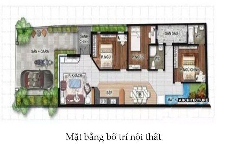 Mặt bằng bố trí mẫu thiết kế nhà ống 1 tầng 3 phòng ngủ 100m2 tại Ninh Bình