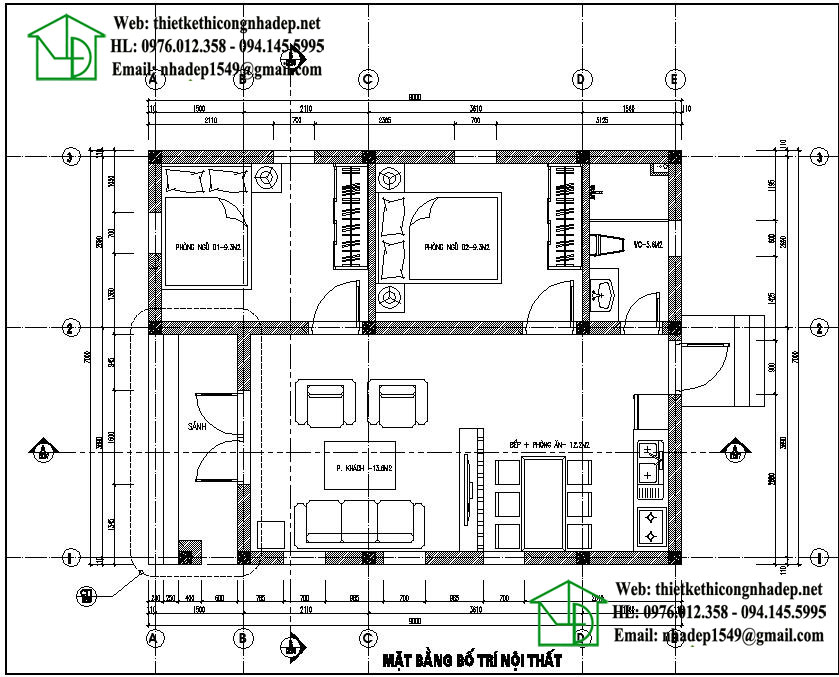 Mặt bằng bố trí nội thất nhà cấp 4 hiện đại NDNC435