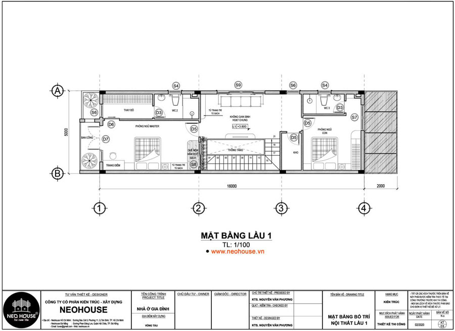 Mặt bằng công năng lầu 1 nhà ống 2 tầng 80m2