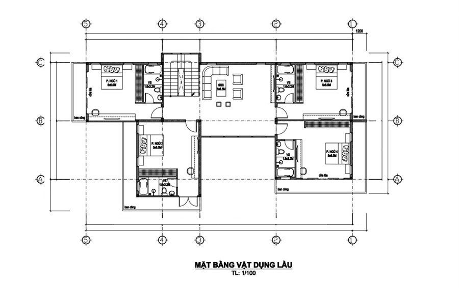 Mặt bằng lầu 1 nhà 2 tầng có gara 6 phòng ngủ