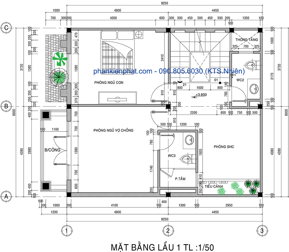 Mặt bằng lầu 1 của biệt thự phố 3 tầng 8x12m bán cổ điển