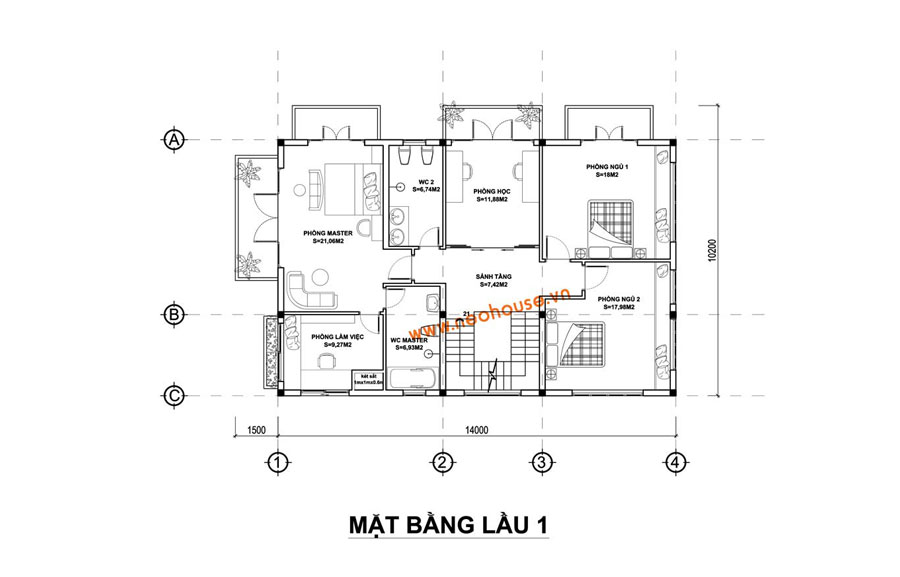 Mặt bằng lầu 1 nhà biệt thự vườn 2 tầng mái thái