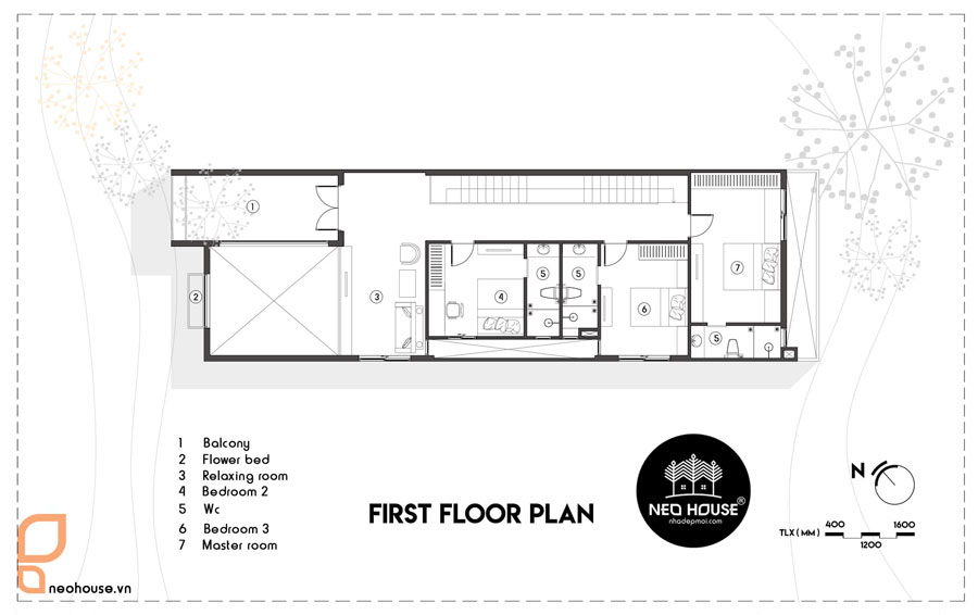 Mặt bằng lầu 1 nhà đẹp 2 tầng ngang 7m dài 20m độc đáo