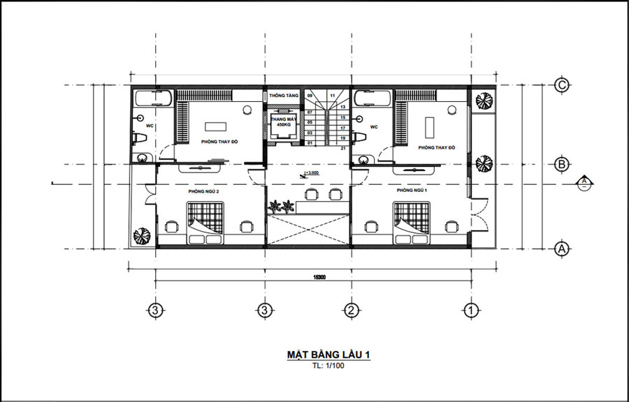 Mặt bằng lầu 1 nhà đẹp 3 tầng 1 tum 7x15m 4 phòng ngủ 1 phòng thờ