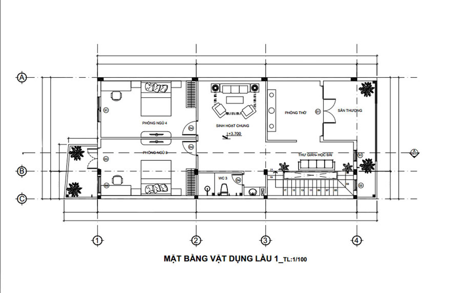 Mặt bằng lầu 1 mẫu thiết kế nhà 3 tầng đẹp mặt tiền 7m 4 phòng ngủ