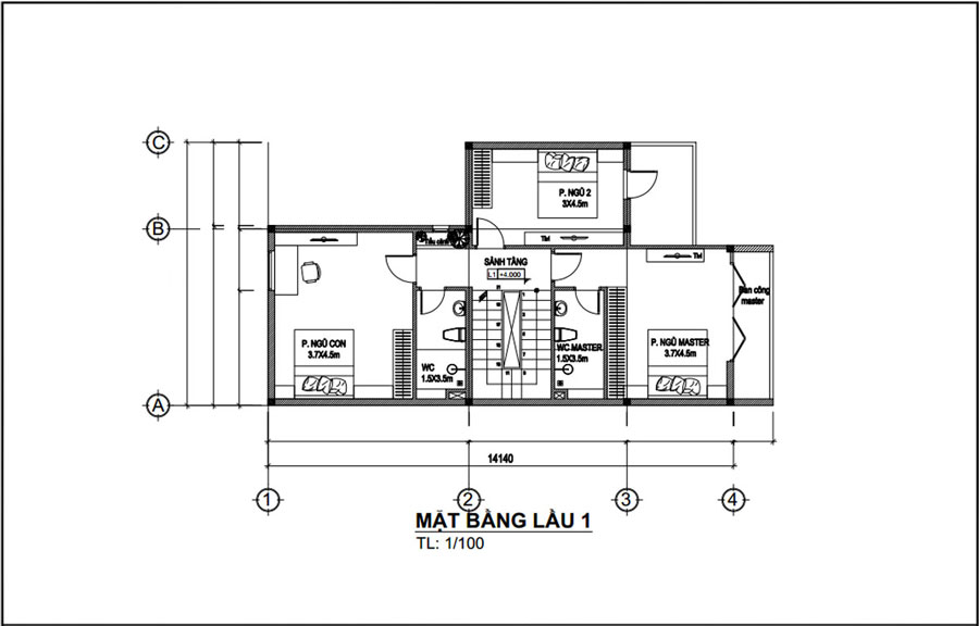 Mặt bằng lầu 1 nhà đẹp 3 tầng 7m độc đáo