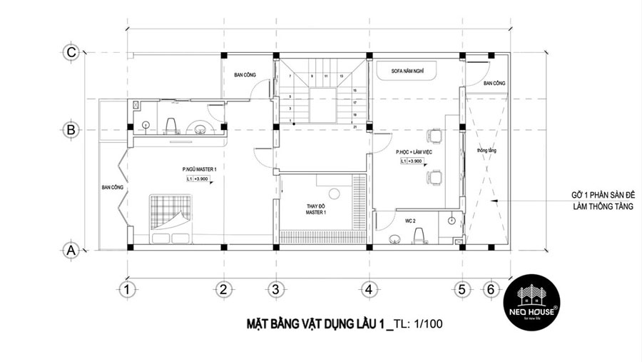 Mặt bằng công năng lầu 1 nhà đẹp 3 tầng 1 tum mặt tiền 7m mái lệch