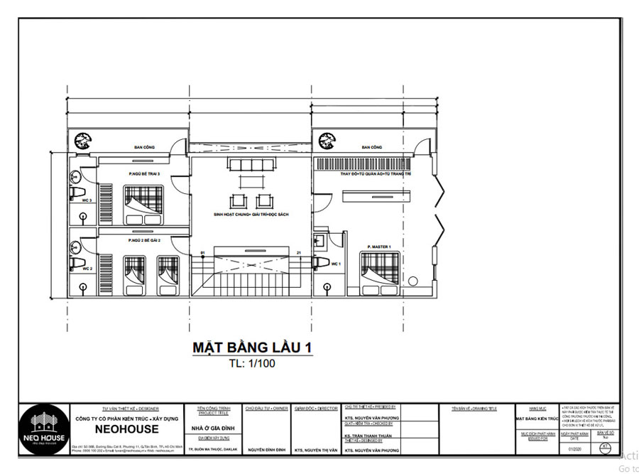 Mặt bằng lầu 1 nhà ngang 7m dài 20m 3 tầng 2 mặt tiền