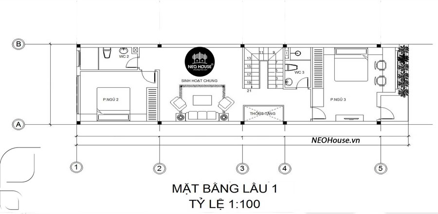 Mặt bằng lầu 1 nhà ống 2 tầng 80m2 có sân thượng