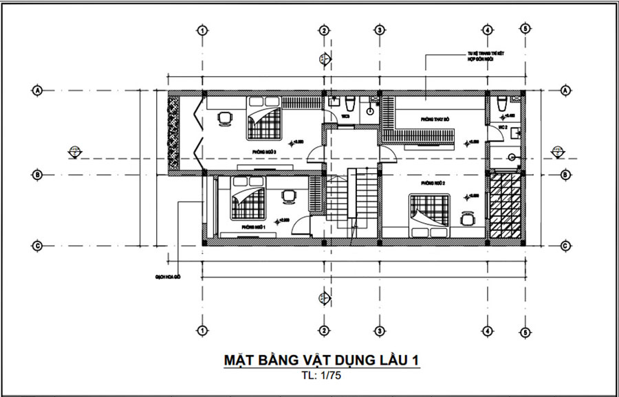 Mặt bằng lầu 1 nhà ống 3 tầng mặt tiền 7m có gara