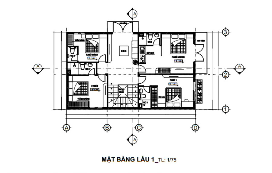 Mặt bằng lầu 1 thiết kế thi công nhà 2 tầng có gara