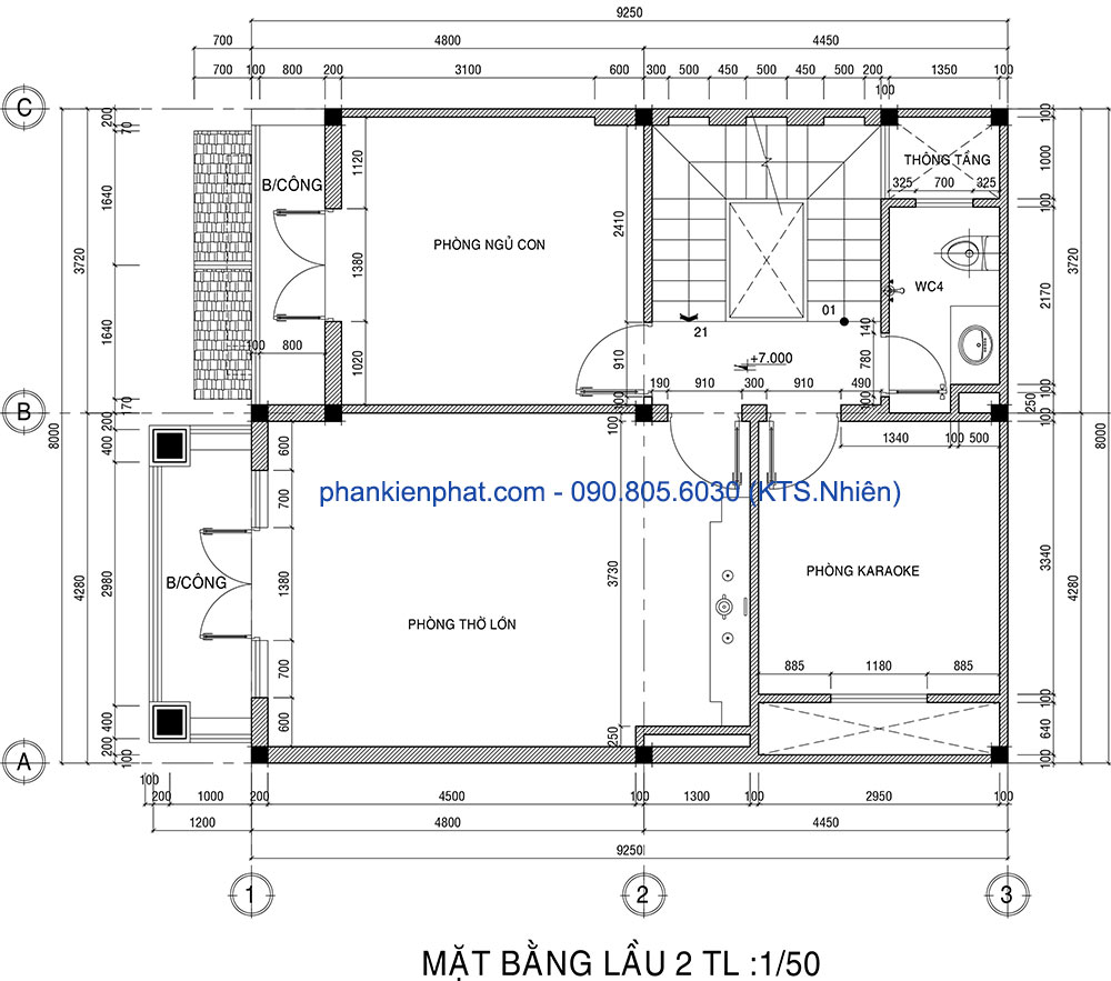 Mặt bằng lầu 2 của biệt thự phố 3 tầng 8x12m bán cổ điển