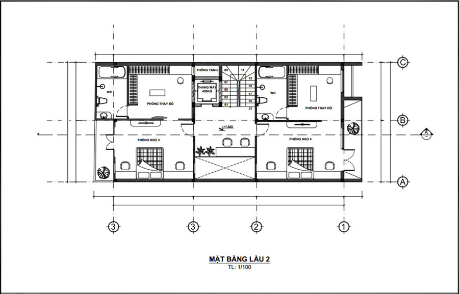 Mặt bằng lầu 2 nhà đẹp 3 tầng 1 tum 7x15m 4 phòng ngủ 1 phòng thờ