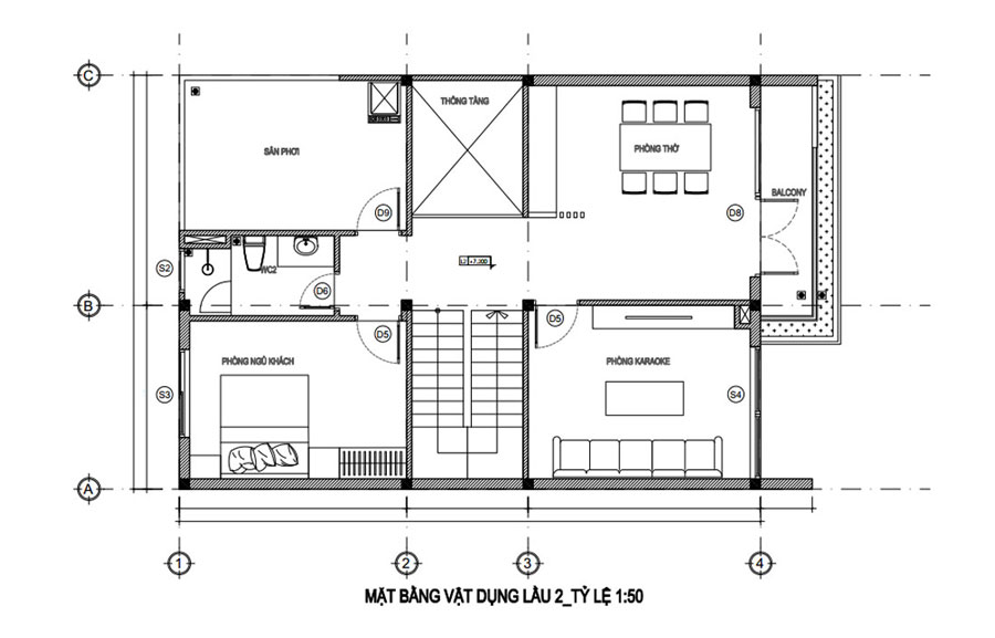 Mặt bằng lầu 2 mẫu thiết kế nhà đẹp 3 tầng mặt tiền 7m có gara