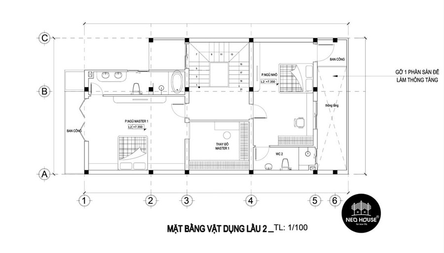 Mặt bằng công năng lầu 2 nhà đẹp 3 tầng 1 tum mặt tiền 7m mái lệch