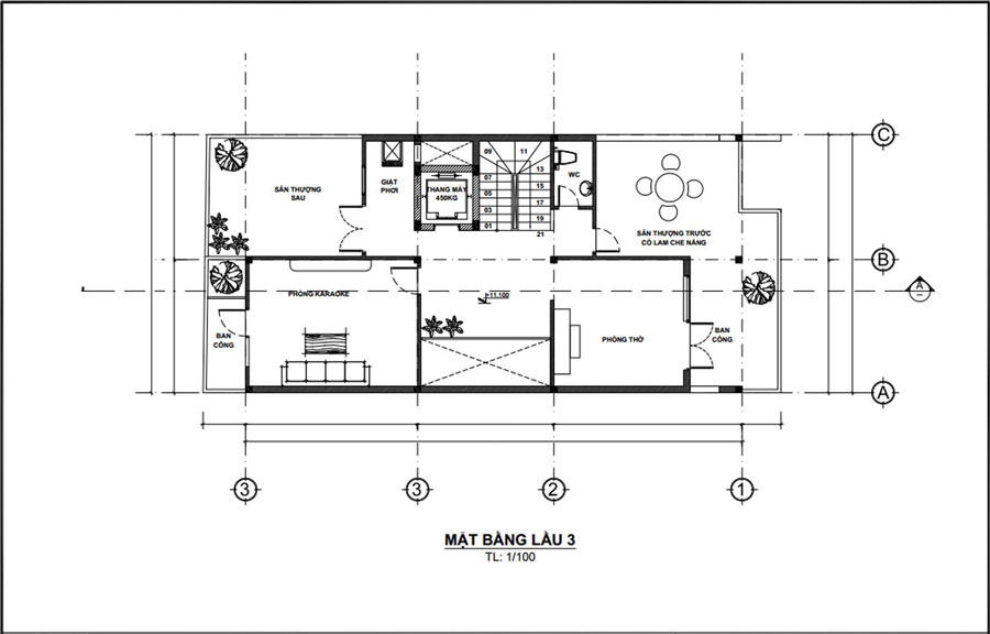 Mặt bằng lầu 3 nhà đẹp 3 tầng 1 tum 7m