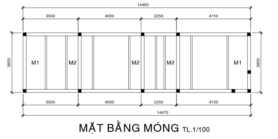 tính diện tích xây dựng cho mặt bằng móng băng.