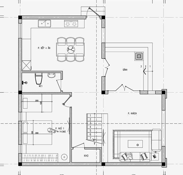 mặt bằng tầng 1 nhà 2 tầng chữ l mái thái 3 phòng ngủ