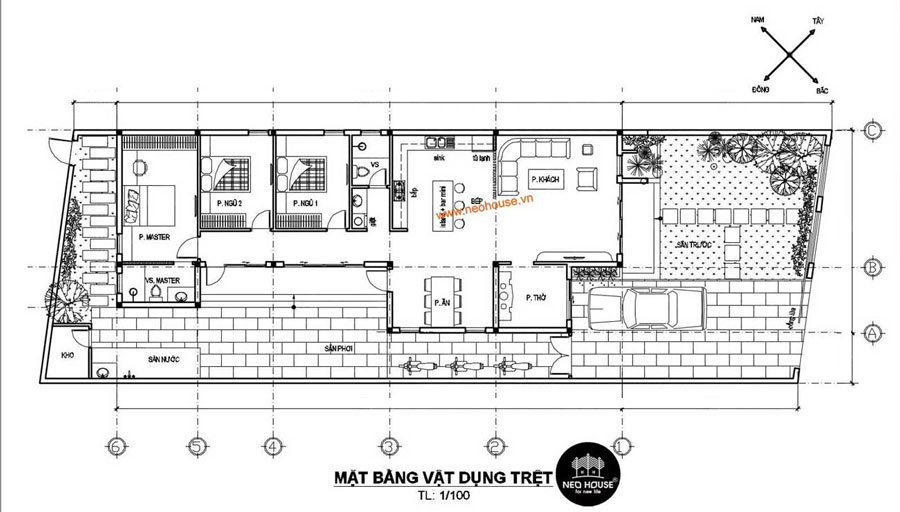 Mặt bằng nhà cấp 4 ngang 7m dài 20m 3 phòng ngủ