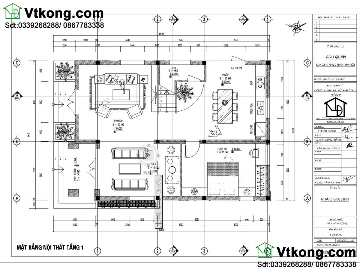  Mặt bằng bố trí nội thất tầng 1 biệt thự 2 tầng mái ngói