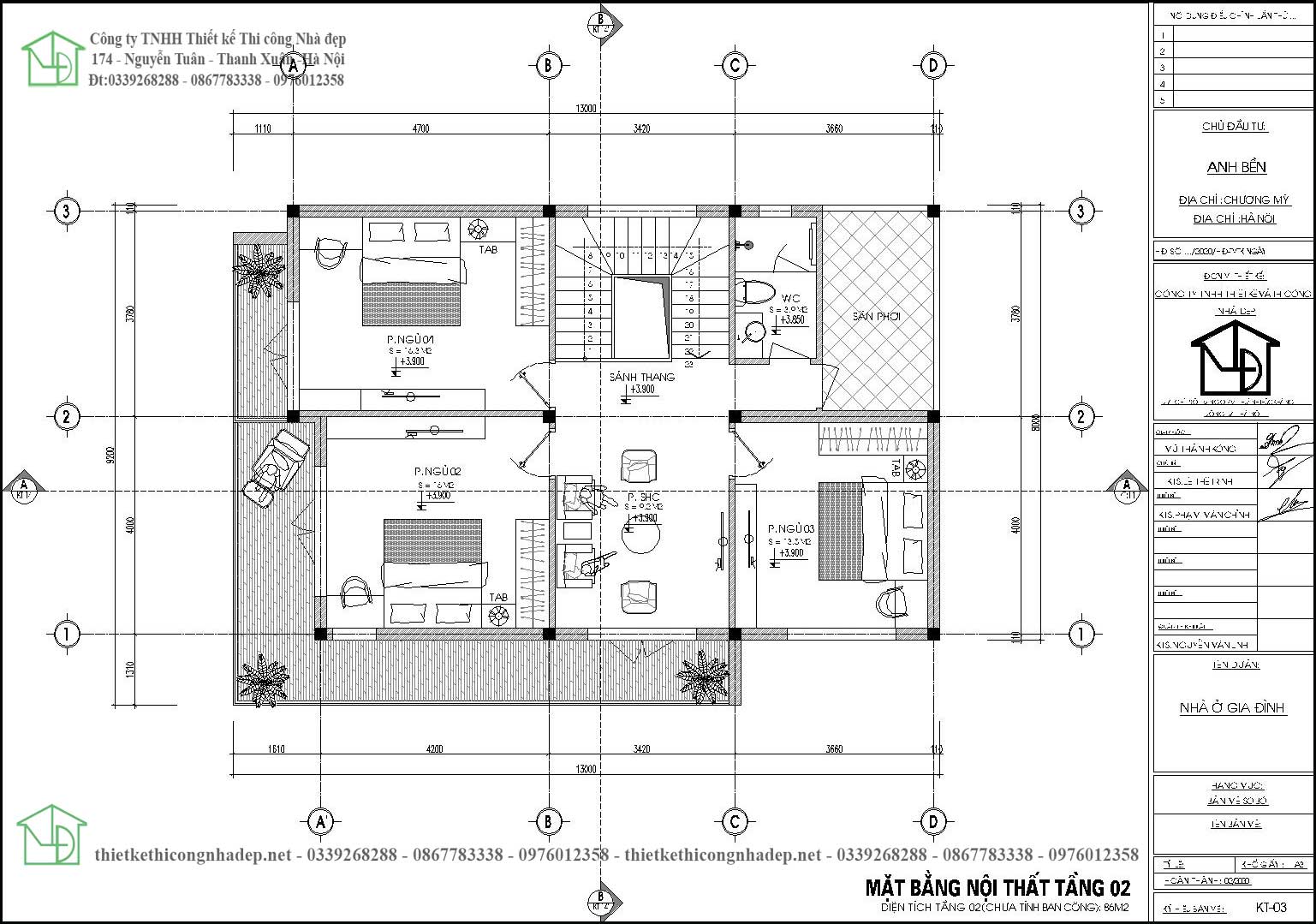 Mặt bằng bố trí nội thất tầng 2 biệt thự 2 tầng mái thái tại Chương Mỹ Hà Nội NDBT2T97