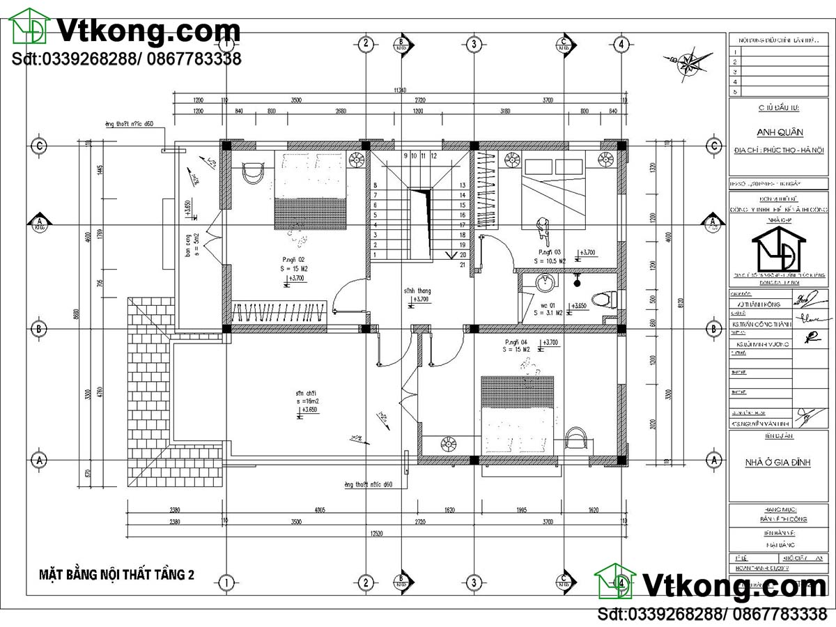  Mặt bằng bố trí nội thất tầng 2 nhà 2 tầng mái ngói