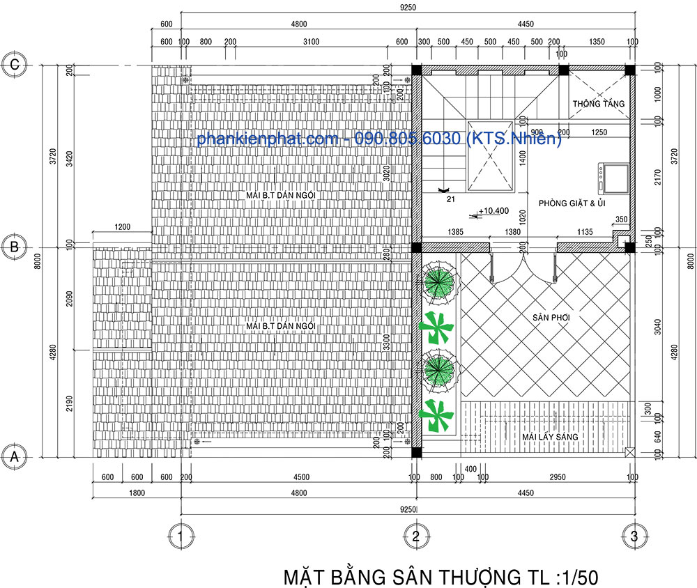 Mặt bằng sân thượng của biệt thự phố 3 tầng 8x12m bán cổ điển