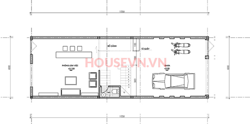 Không gian tầng 1 rộng rãi với thiết kế đặc biệt cho phòng làm việc.