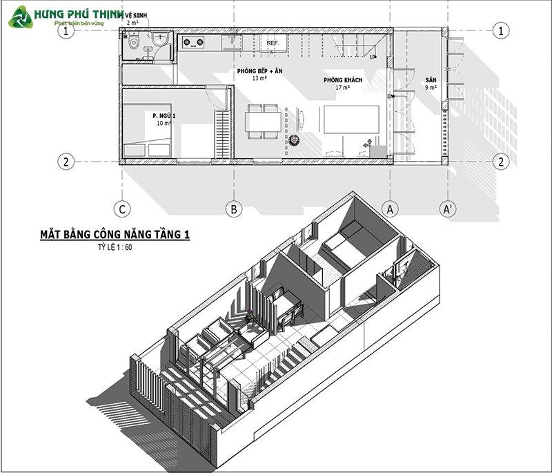 Bản vẽ thiết kế nhà 2 tầng 50m2 3 phòng ngủ