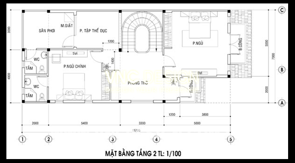 mặt bằng tầng 2 biệt thự 2 tầng 7x16m